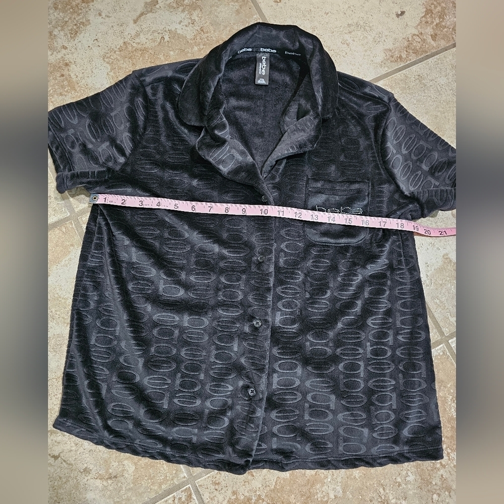 bebe Women Medium Black Velour Monogram Button Shirt Y2K Lounge Sleep Top Cozy - Picture 5 of 6